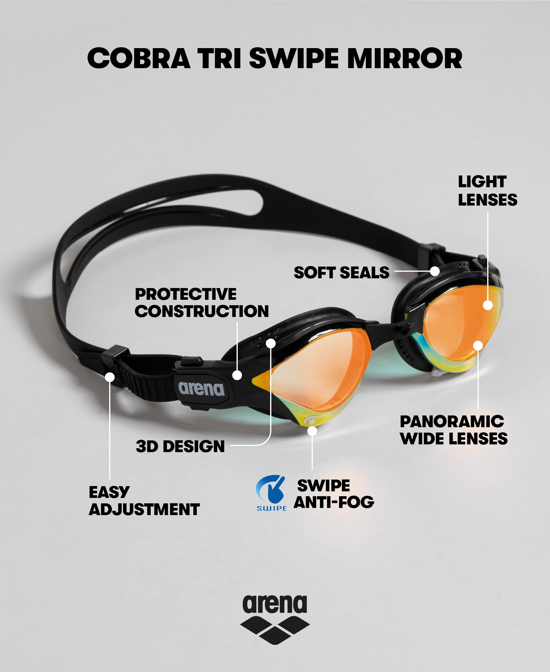 ARENA Unisex Adult Cobra Tri Swimming Goggles for Triathlon and Fitness Swipe Anti-Fog Wide Vision Mirror Lens
