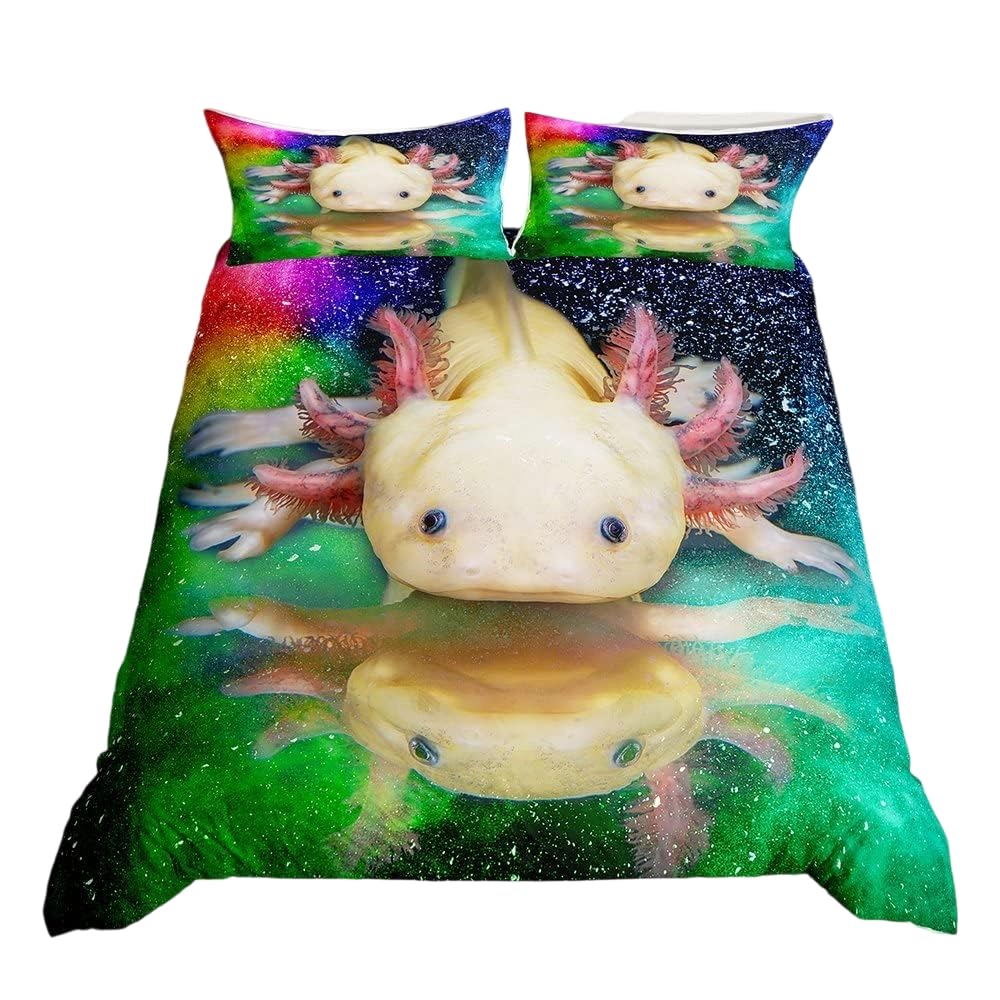 Homewish Cute Axolotl Duvet Cover Single Size For Girls Child Boys,3D Rainbow Axolotls Bedding Set Sea Wildlife Animals Reptile Comforter Cover Kawaii Axolotl Bed Sets Kids Ocean Theme Bedroom Decor