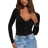 CSDAJIO Women Lace Trim Deep V Neck Long Sleeve Crop Top Ruched T-Shirt Double Lined Fitted Basic Tee