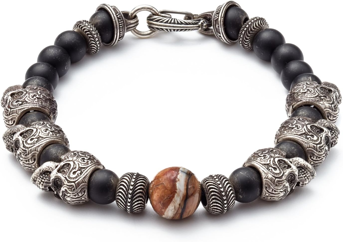William Henry Men's Silver Skull and Frosted Black Onyx Beaded Bracelet
