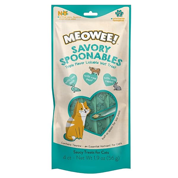 MEOWEE! SAVORY SPOONABLES WITH REAL DUCK, BEEF AND RABBIT FOR CATS, 4 COUNT, TREAT YOUR CAT TO TRIPLE FLAVOR SQUEEZABLE LICKABLE WET TREATS WITH BUILT-IN SPOON FOR LESS MESS