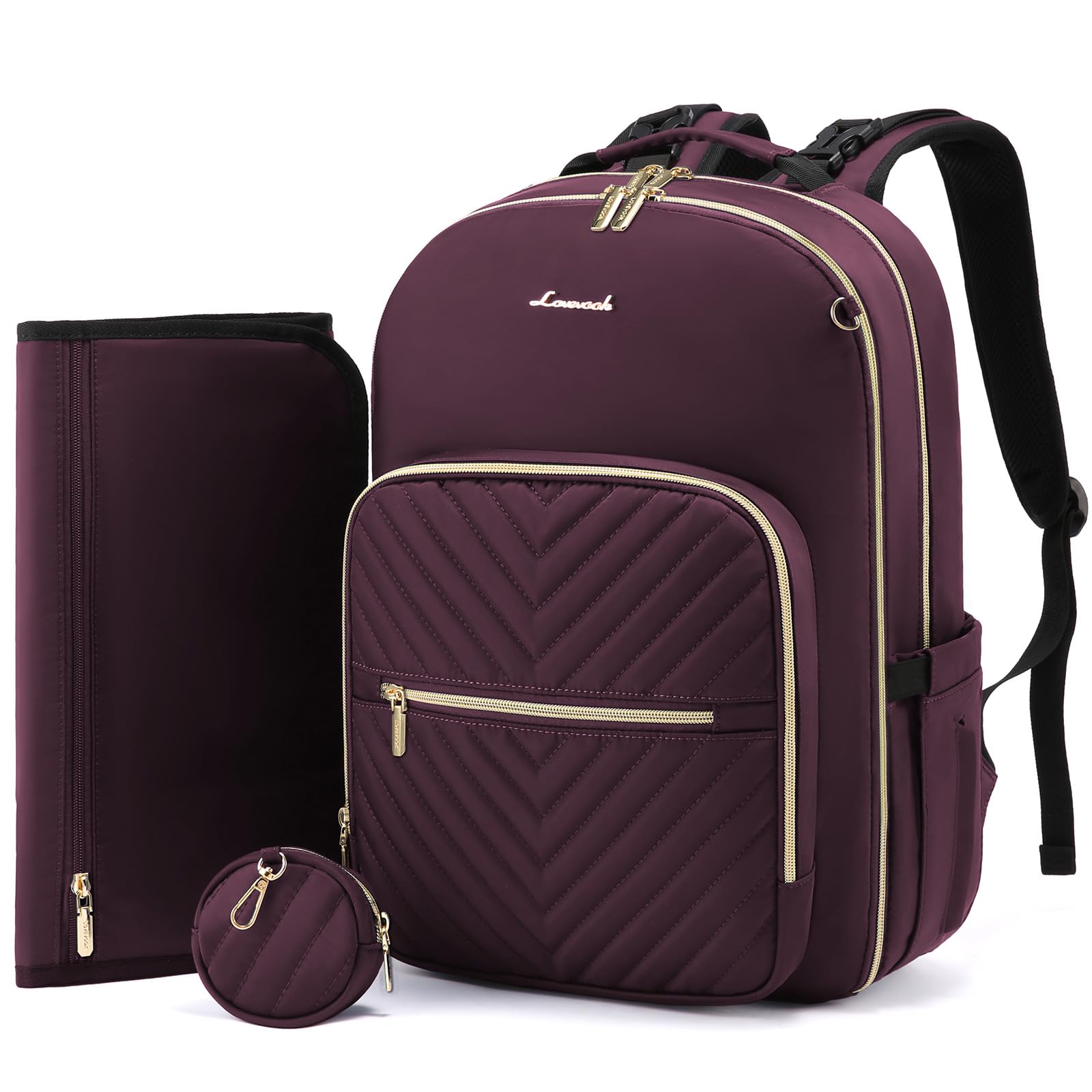 LOVEVOOK Diaper Bag Backpack, Quilted Baby Bag with Changing Pad & Pacifier Holder, Waterproof Travel Diaper Bags for Baby Boys Girls, Stylish and Large Capacity,Dark Purple