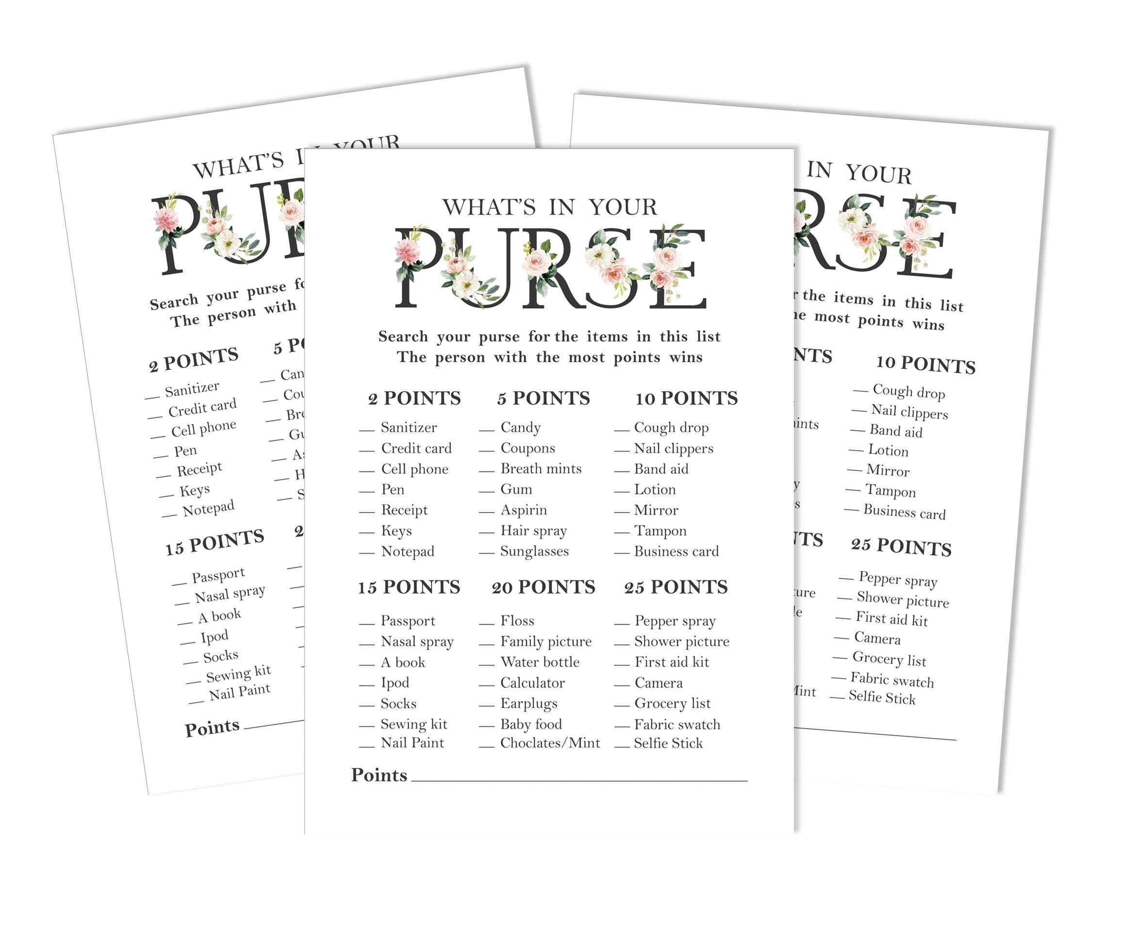 Inkdotpot Gender Neutral 50 Sheets What's In Your Purse Baby Shower Game Cards Activity Cards Party Idea Baby Shower Party Supply