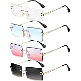 Frienda 4 Pairs Rimless Rectangle Sunglasses Frameless Square Glasses Vintage Transparent Eyewear for Women Men