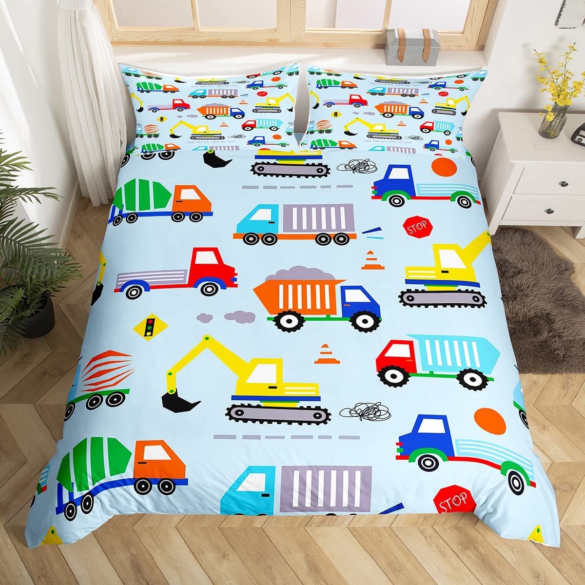 Cartoon Construction Bedding Set Equipment Trucks Comforter Cover Set for Kids Teens Car Excavator Tractor Duvet Cover Construction Vehicles Bedspread Cover Room Decor King Size — image 1
