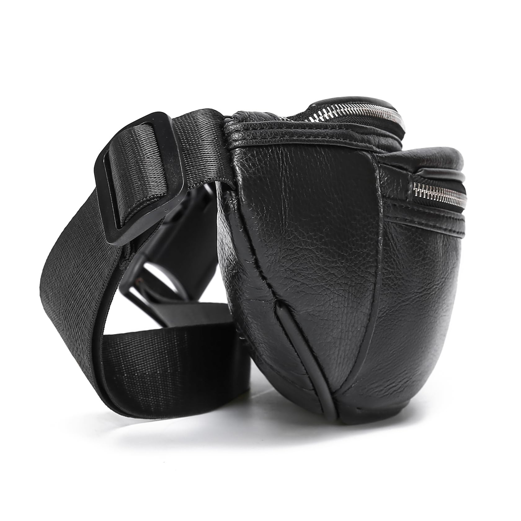 OrrinSports Black Leather Fanny Pack for Men & Women, Fashionable Multi-Pockets Waist Belt Bag for Travel Sports Hiking Cycling Fishing Running