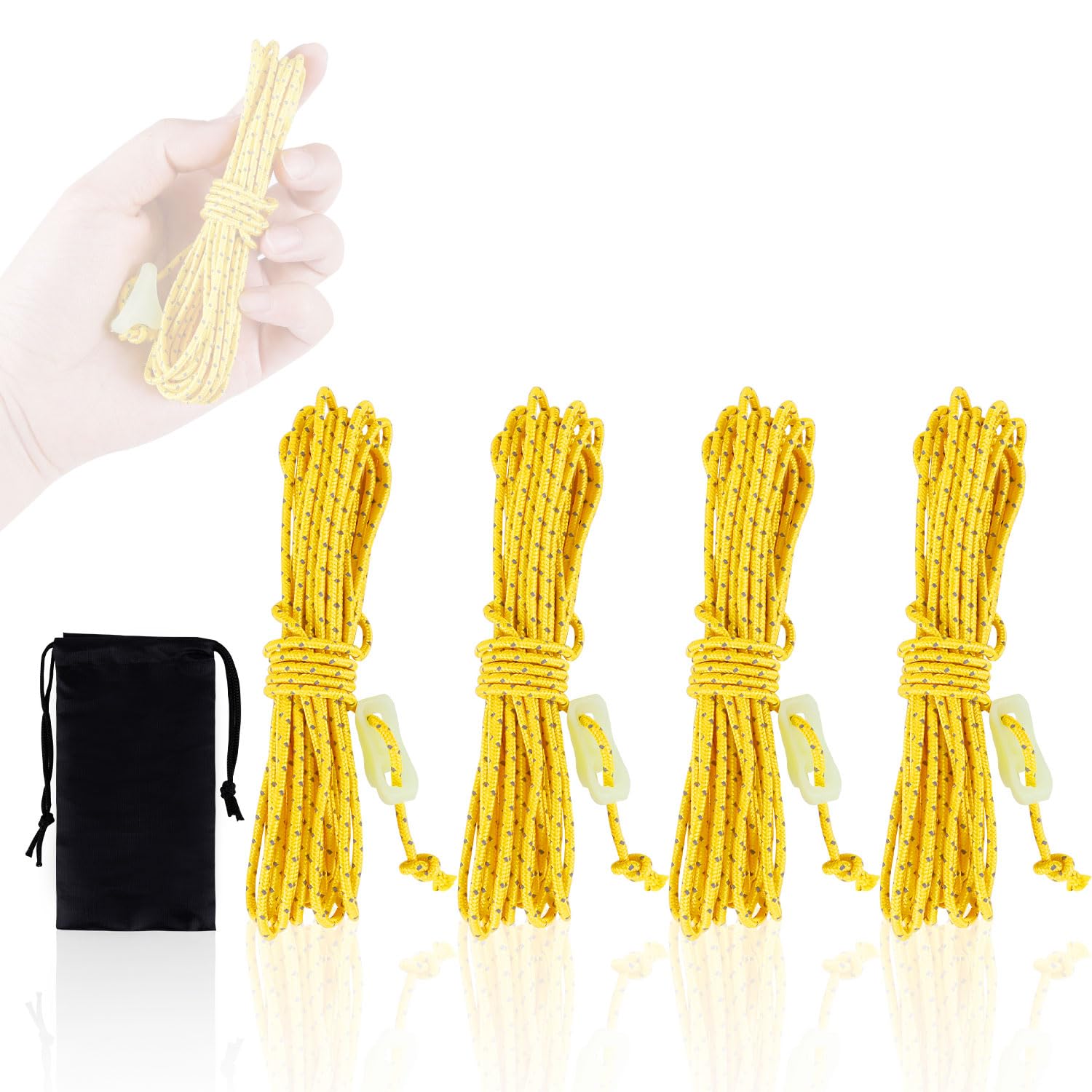 HIKEMAN Reflective Tent Guy Ropes - 2mm UHMWPE Camping Guide Rope,4M Guy Line with Luminescent Tensioner for Outdoor Camping Hiking Awning Tents (Yellow)