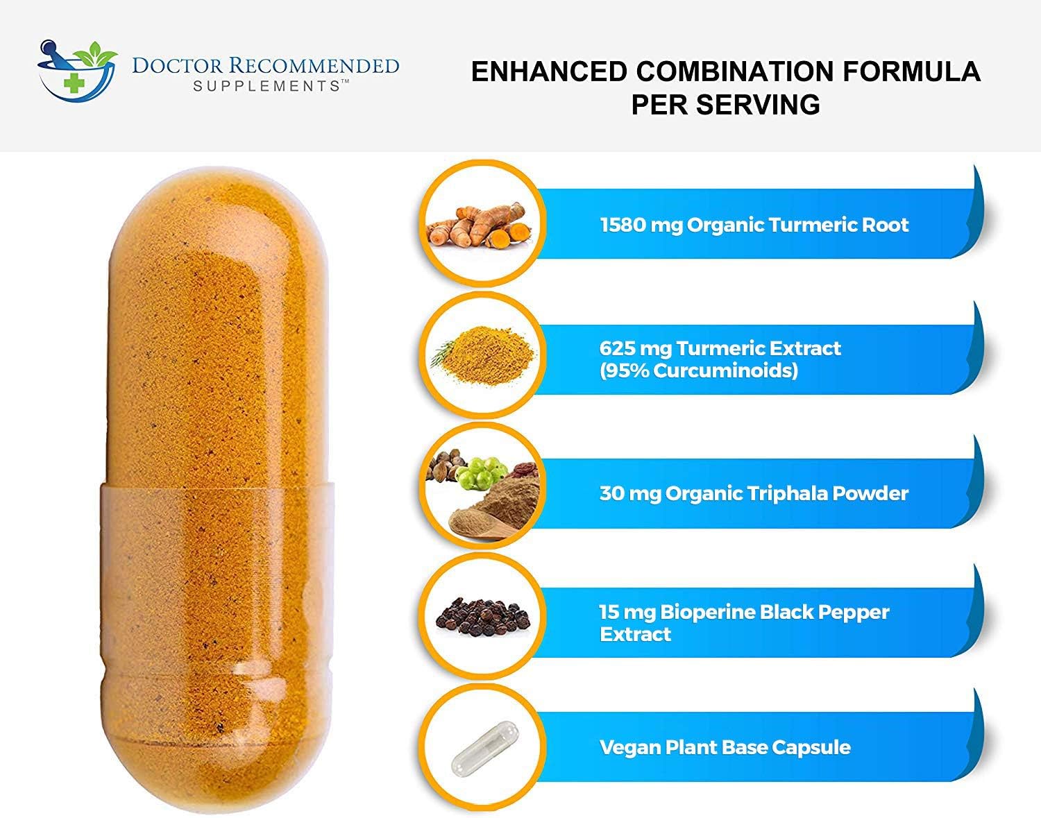 Turmeric Curcumin - 2250mg/d - Veggie Caps - 95% Curcuminoids with Black Pepper Extract (Bioperine) - 750mg Capsules - 100% Organic - Most Powerful Turmeric Supplement with Triphala (180 Count): Health & Personal Care