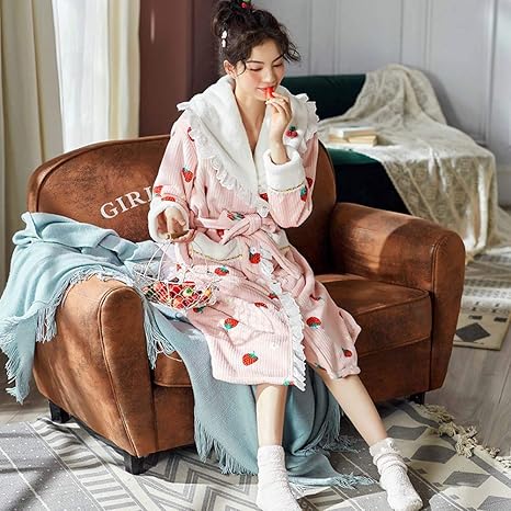 Amazon Co Jp ローブレディースバスローブパジャマローブレトロファッションラブリーフルーツは ダブルウォームコ パジャマ ルームウェア 可愛い レディース ピンク L ホーム キッチン