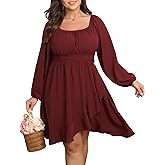 SCOMCHIC Women Plus Size Fall Dresses Long Sleeve Square Neck Ruffle Hem Flowy A-Line Cocktail Wedding Guest Mini Short Dress