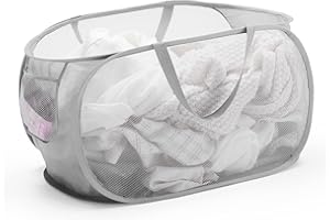 Collapsible Mesh Pop Up Laundry Basket with Durable Handles and Pockets, Portable, Foldable, Deluxe Clothes Hamper for Travel