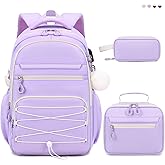 DIGOBAY Backpack for Girls, 3 PCS Girls Backpack with Lunch Box, Pencil Cace Set for Teen Girl Kids, Bookbag School Backpacks for Elementary Middle High School College Students Age 3+ Purple