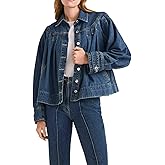 EZAPINE Womens Cropped Denim Jacket Long Sleeve Collared Button Down Pleated Jean Jckets with Pockets