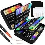 Sunacme Art Supplier Dual Brush Markers Pen, 110 Artist Coloring Marker Set, Fineliner & Brush Tip Pens with Premium Case for