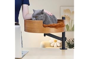 Cat Bed Desk with Pet Mat, Cat Hammock for Desk, Cat Bed Desk with Wooden Bowl, 360° Rotation and Adjustable Height