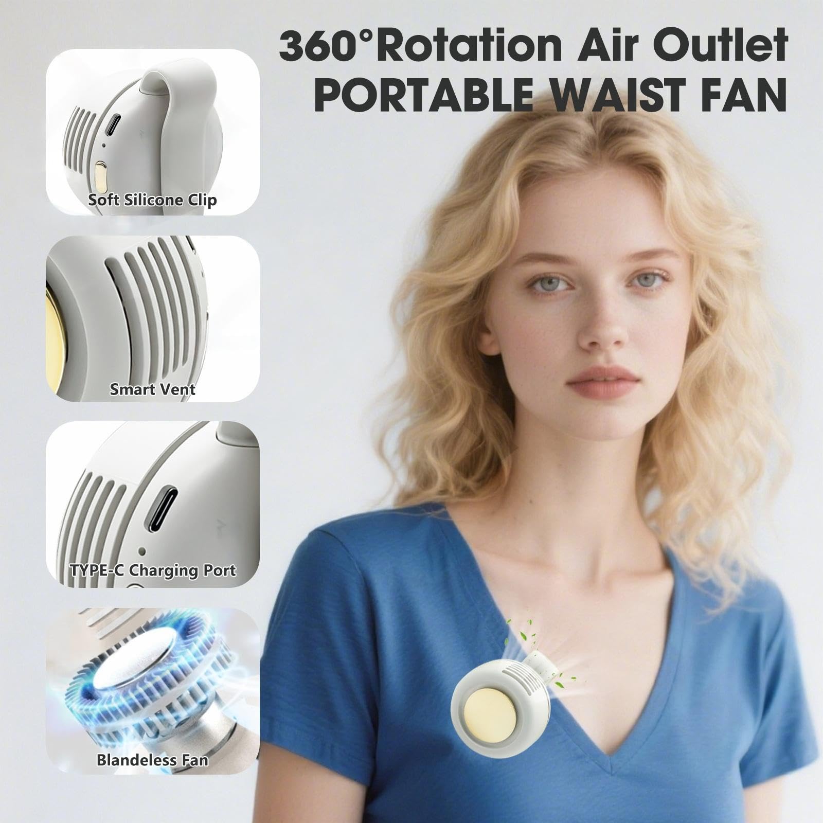 Portable Silent Mini Bladeless Fan Clip On,2025 Upgrade Adjustable 3-Speed Suspended Fans for Waist Neck,Whirlwind Bladeless Fan for Outdoor & Travel & Office, Travel Accessories(White)