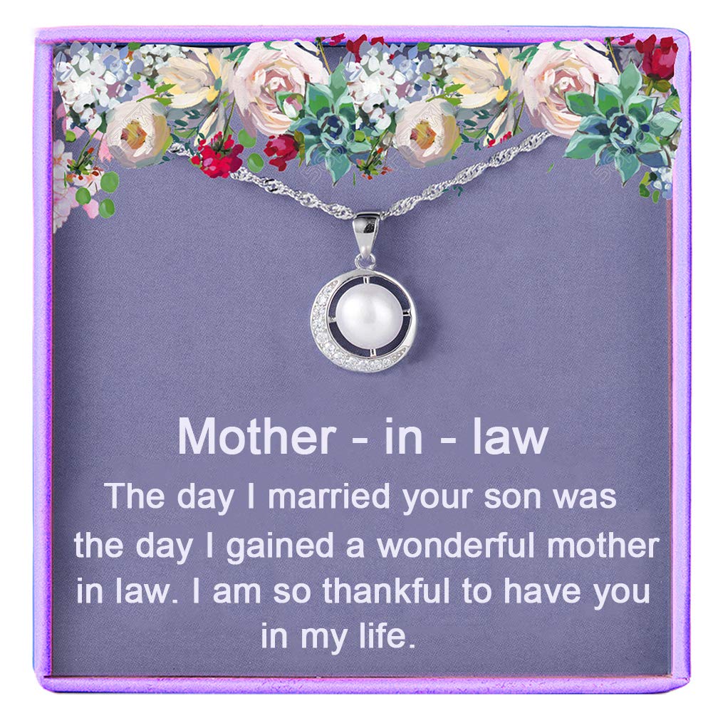 Gifts for Mother in Law Necklace Silver Single Pearl Pendant Simple Classic Necklace 18K Gold Plated Jewelry Gift from Daughter in Law for Women Family Birthday Gift Ideal