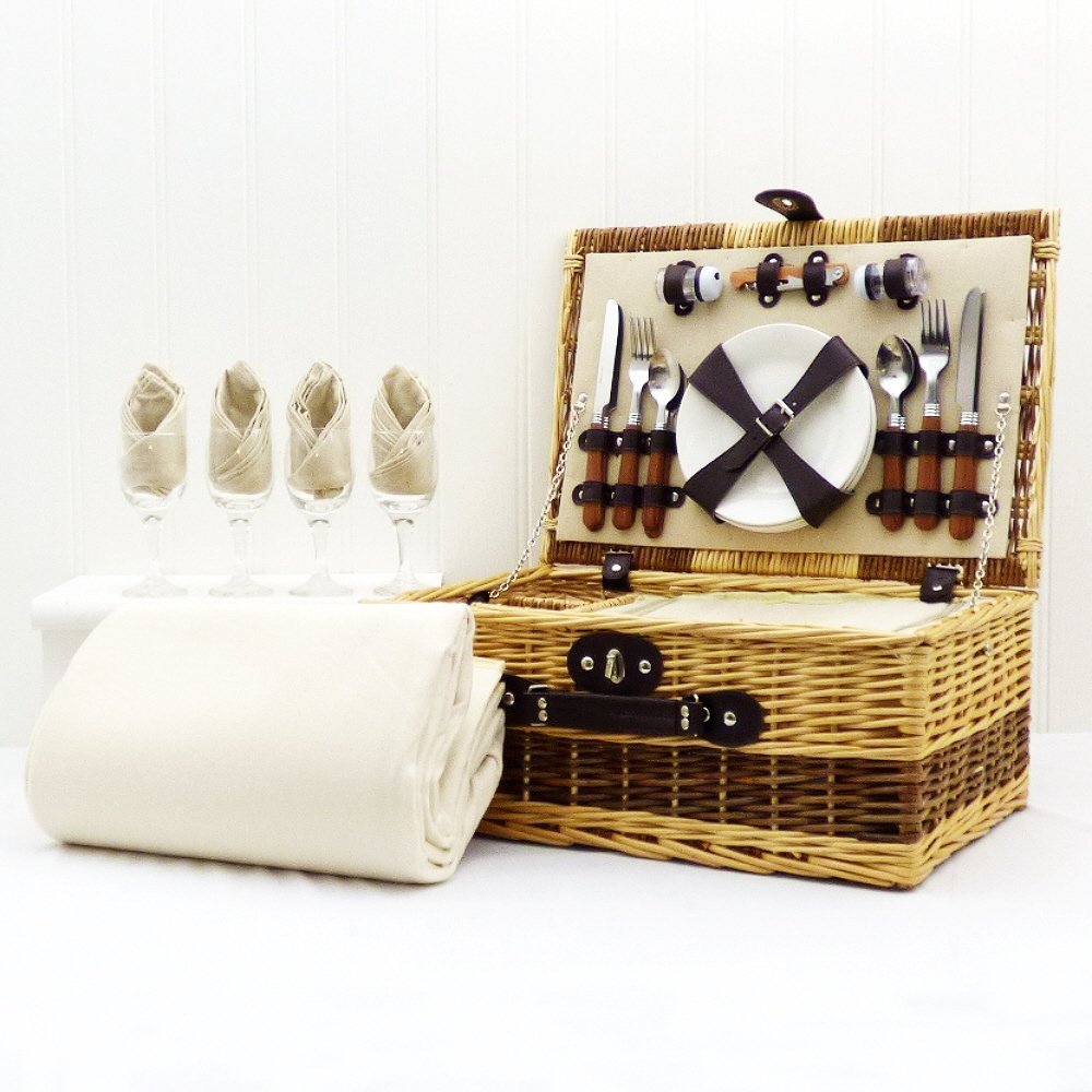 Buxton 4 Person Wicker Basket Picnic Cream Fleece Blanket