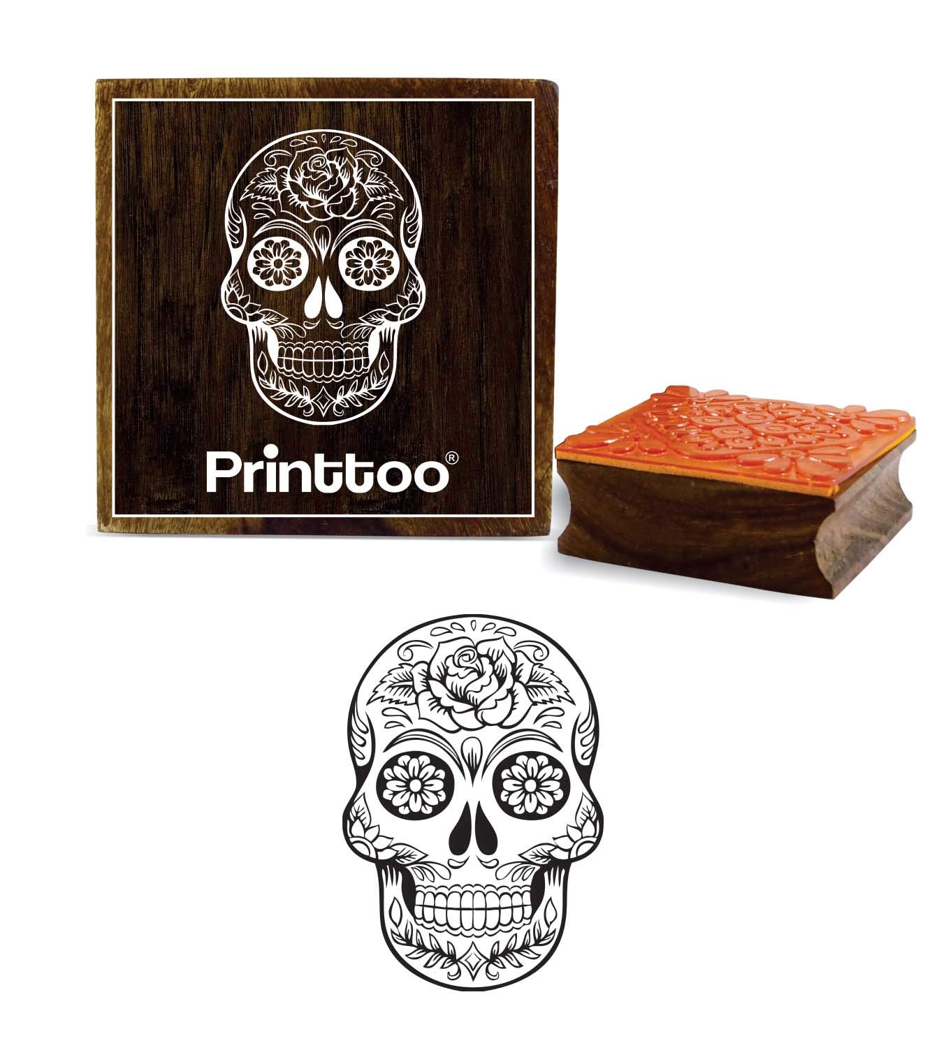 Printtoo Floral Skull Design Square Wooden Rubber Stamp Diary Card Block Crafting-5 x 5 Inches