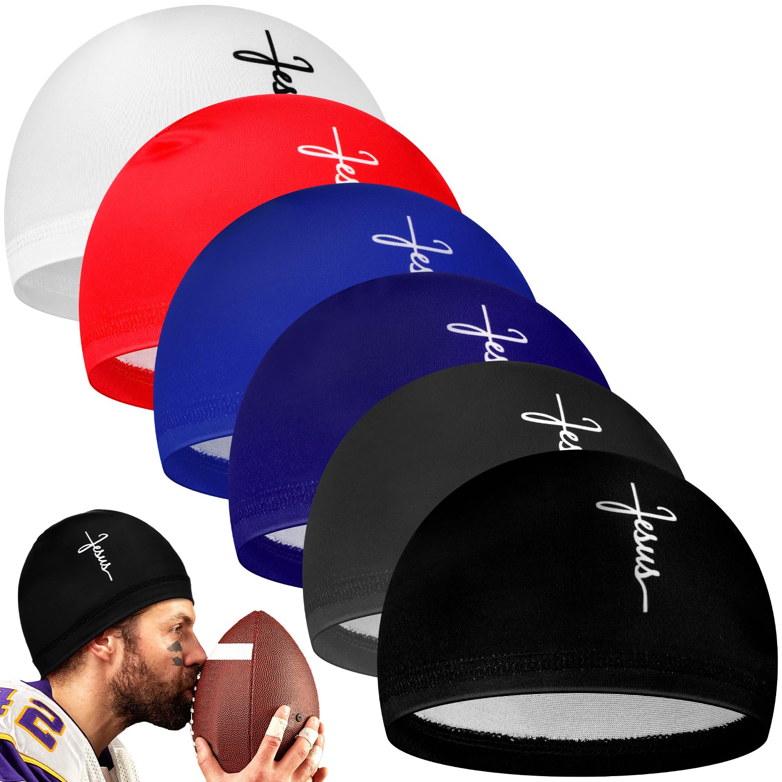 Photo 1 of Haysandy 6 Pcs Cooling Skull Cap Motorcycle Helmet Liner Men Women Sweat Wicking Beanie Bicycle Running Cap Head Wrap(Jesus Style) Multicolor