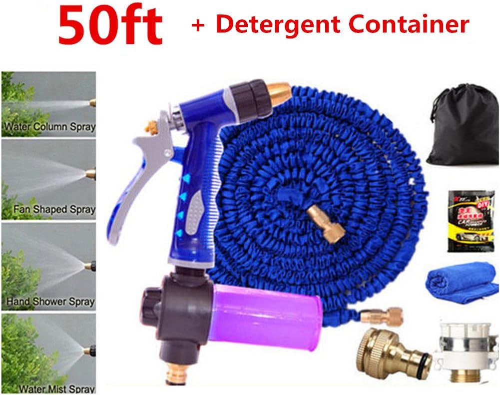 Pei Expandable Garden Hose Detergent Container Adjustable Spray Modes Garden,Irrigation,Car Washing,Window, Street Cleaning,50Ft