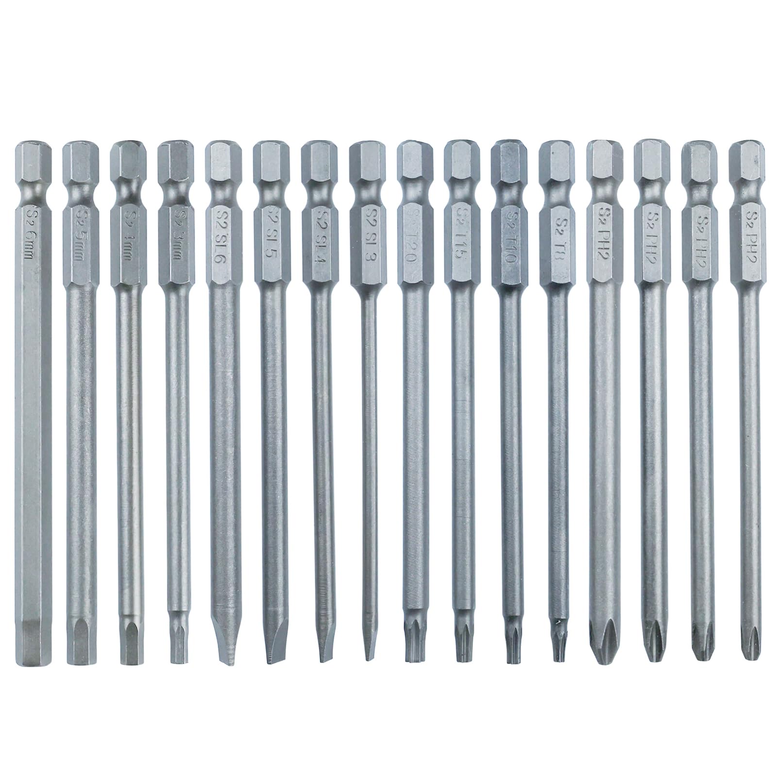 16pcs 1/4" Hex Shank 100mm/4 Inch Long Screwdriver Bit Sets, Magnetic Hex Head Allen Wrench, Torx Bit Set, Flat Head Slotted Tip Bit, Cross Phillips Screwdriver Bits