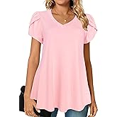 Afibi Womens Summer V Neck Loose Dressy Shirts Petal Short Sleeve Tunic Tops