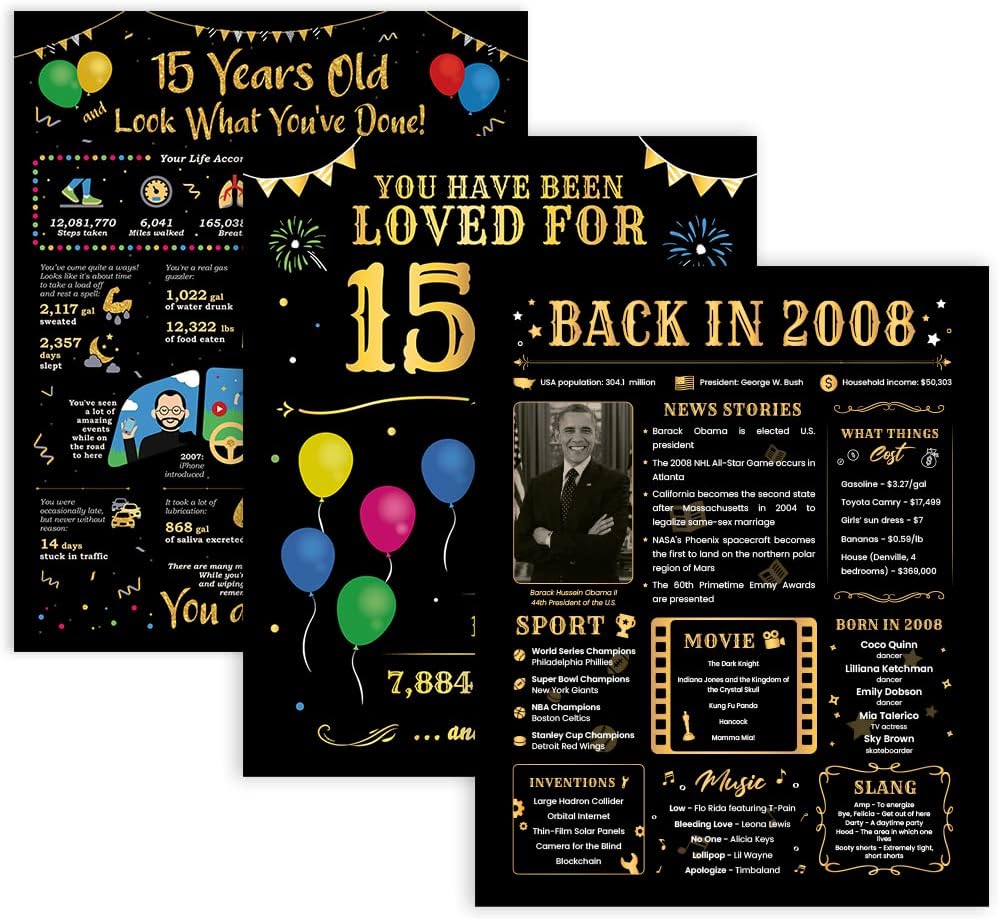 Wall Décor - 15th Birthday Decorations for Girls Boys - 15th Birthday Gifts for Teen Girls, Boy - Birthday Gift for 15 Years Old - 15 Birthday or Anniversary Wedding Present - Back in 2008 Poster [Set of 3] [Unframed 8x10]