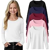 LessonZoo 5 Pack Girls Long Sleeve Shirts Kids Loose Round Neck Casual Toddler Basic Tops Soft Cute Tween Youth Tee