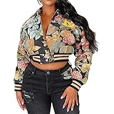 Women's Cropped Floral Print Bomber Jacket Casual Button Down Coats Outerwears