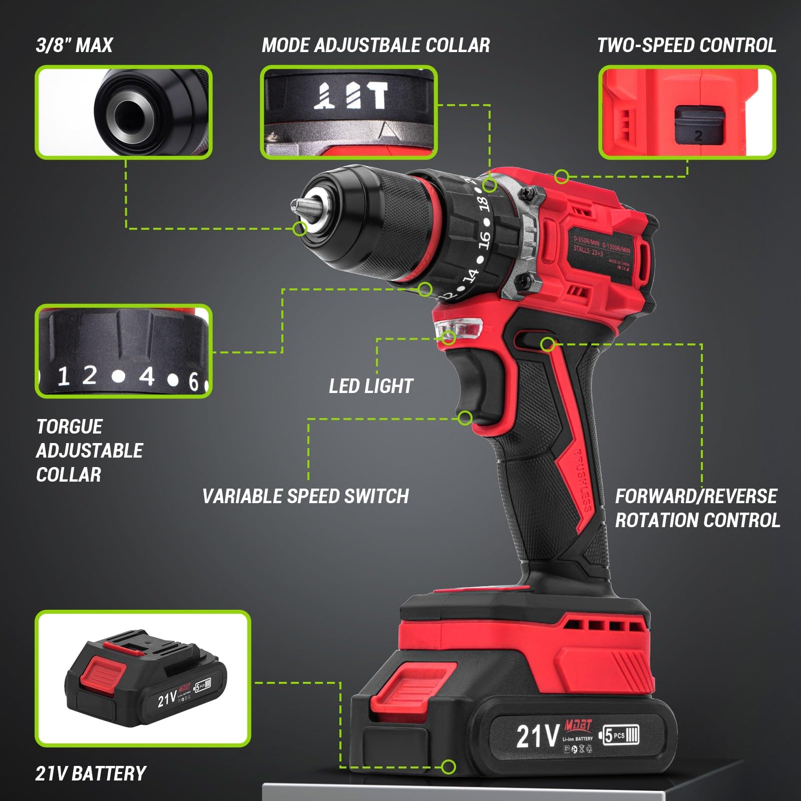 Brushless Drill Set, 21V Cordless with 2 Batteries and Charger, 3/8Inch Keyless All-Metal Chuck, 2 Variable Speeds, 20+3 Power Drill Kit for Screw Wood/Ceramic/Tile/Steel