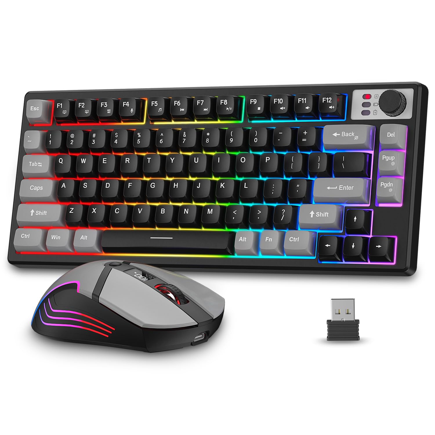 BlueFinger 75% Wireless Gaming Keyboard and Mouse with Smart Display, Rechargeable Light Up Wireless Keyboard with Knob Control, RGB Backlit Gaming Mouse for Mac Laptop Computer PC Gamer(Black)
