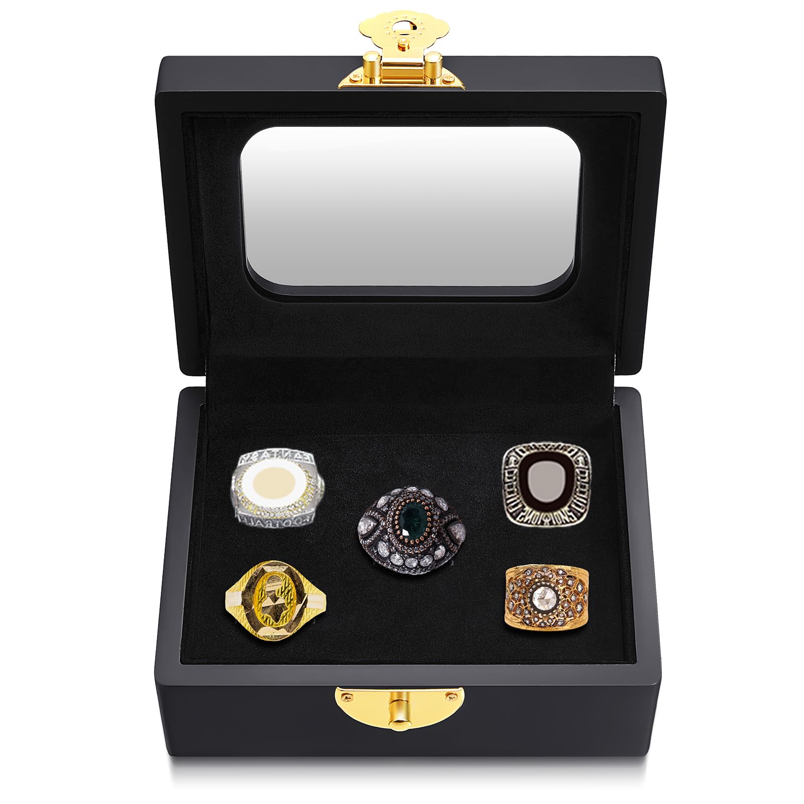 Photo 1 of Equsion Championship Ring Display Case 5 Ring Posts Clear Display Case Box with Locks Acrylic Baseball Ring Holder for Multiple Rings Sports Fan Souvenirs, Black