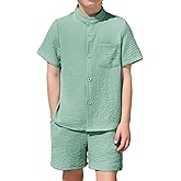 Arshiner Toddler Boys 2 Piece Set Short Sleeve Button Down Shirt and Shorts Vacation Texture Outfits with Pocket 2-8 Years