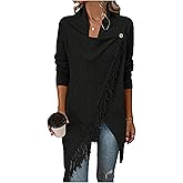 MakeMeChic Women's Fringe Trim Wrap Cardigan Boho Poncho Sweater Draped Knitted Long Sleeve Outerwear