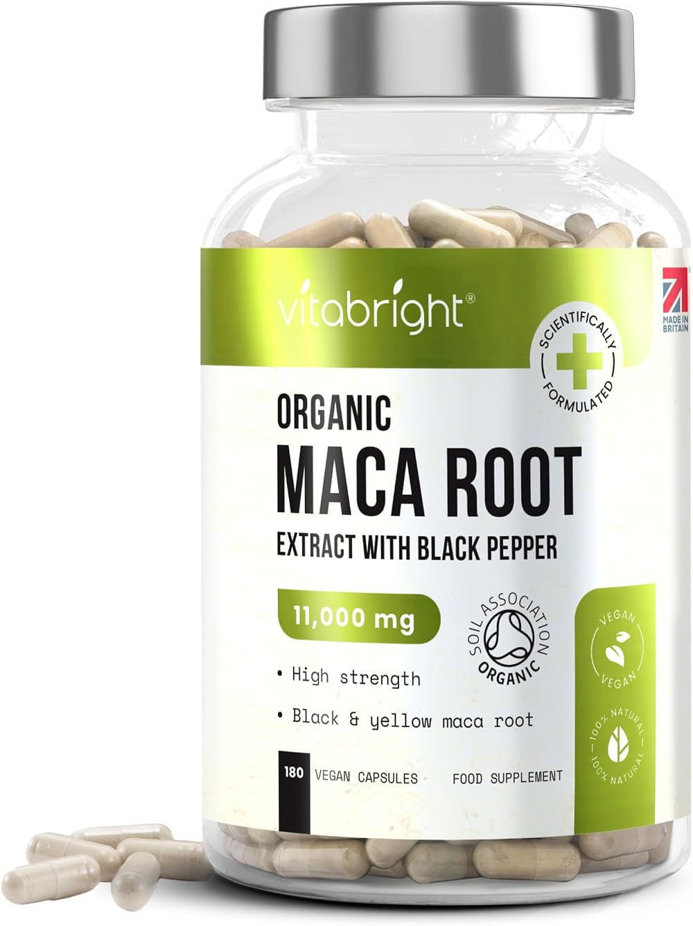 VitaBright Black Maca Root Capsules Yellow 11,000mg 180 Count UK Made