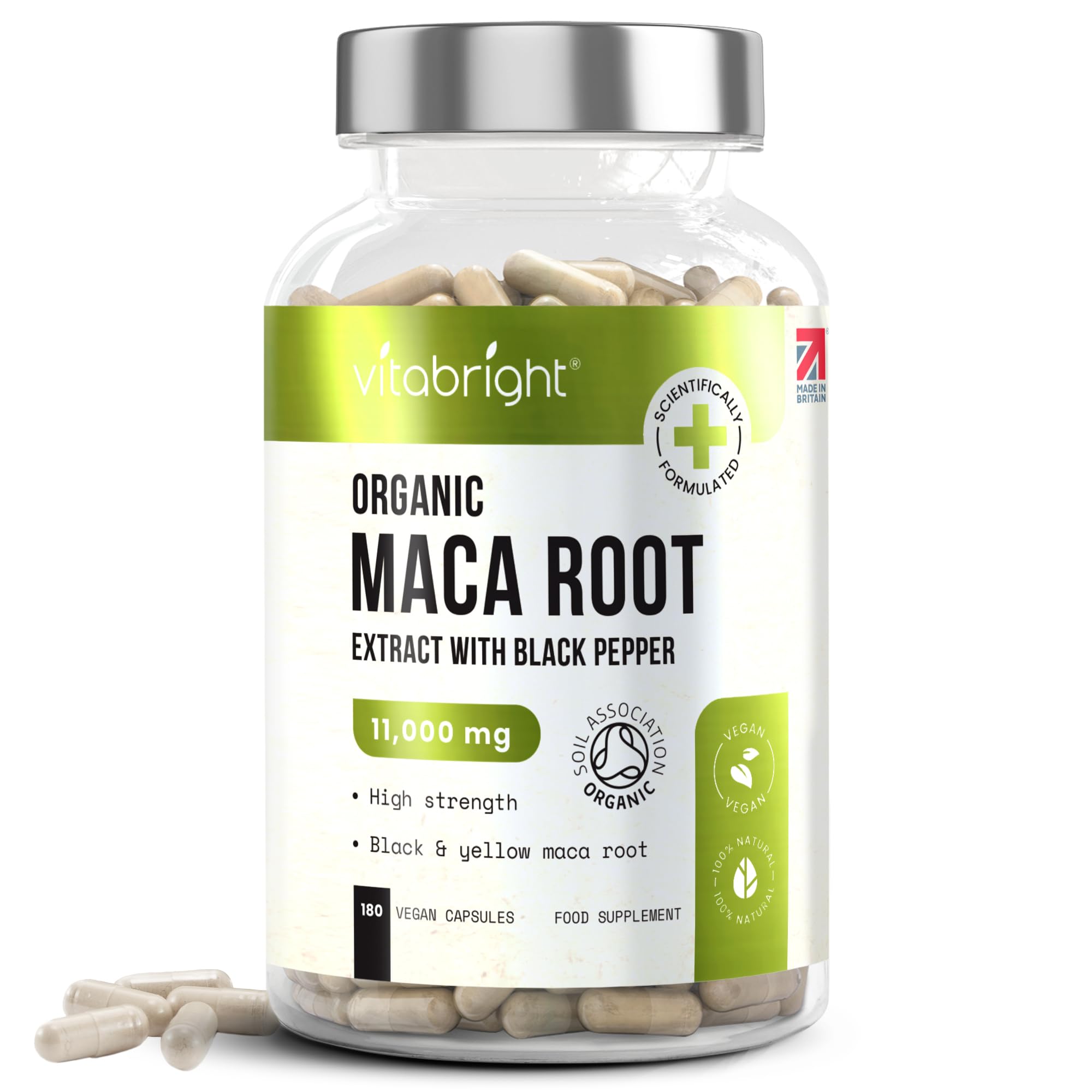 Black Maca Root Capsules & Yellow | Super Strength 11,000mg | 180 Count - 3 Month Supply | Organic Maca Powder in Veggie Capsules for Women & Men | VitaBright