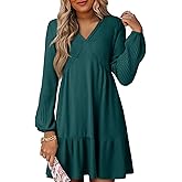 Dokotoo Spring Dresses for Women 2026 Long Sleeve V Neck Lightweight Ribbed Knit Empire Waist Casual A Line Swing Mini Dress