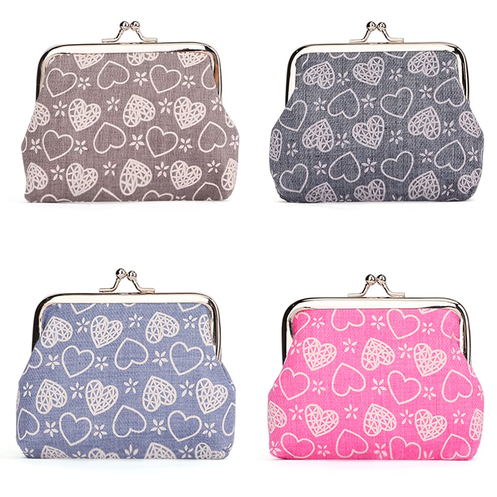 Oyachic 4Pcs Heart Kiss Lock Wallet Women Buckle Coin Purse Clasp Pouch Vintage Buckle Change Clutch Canvas