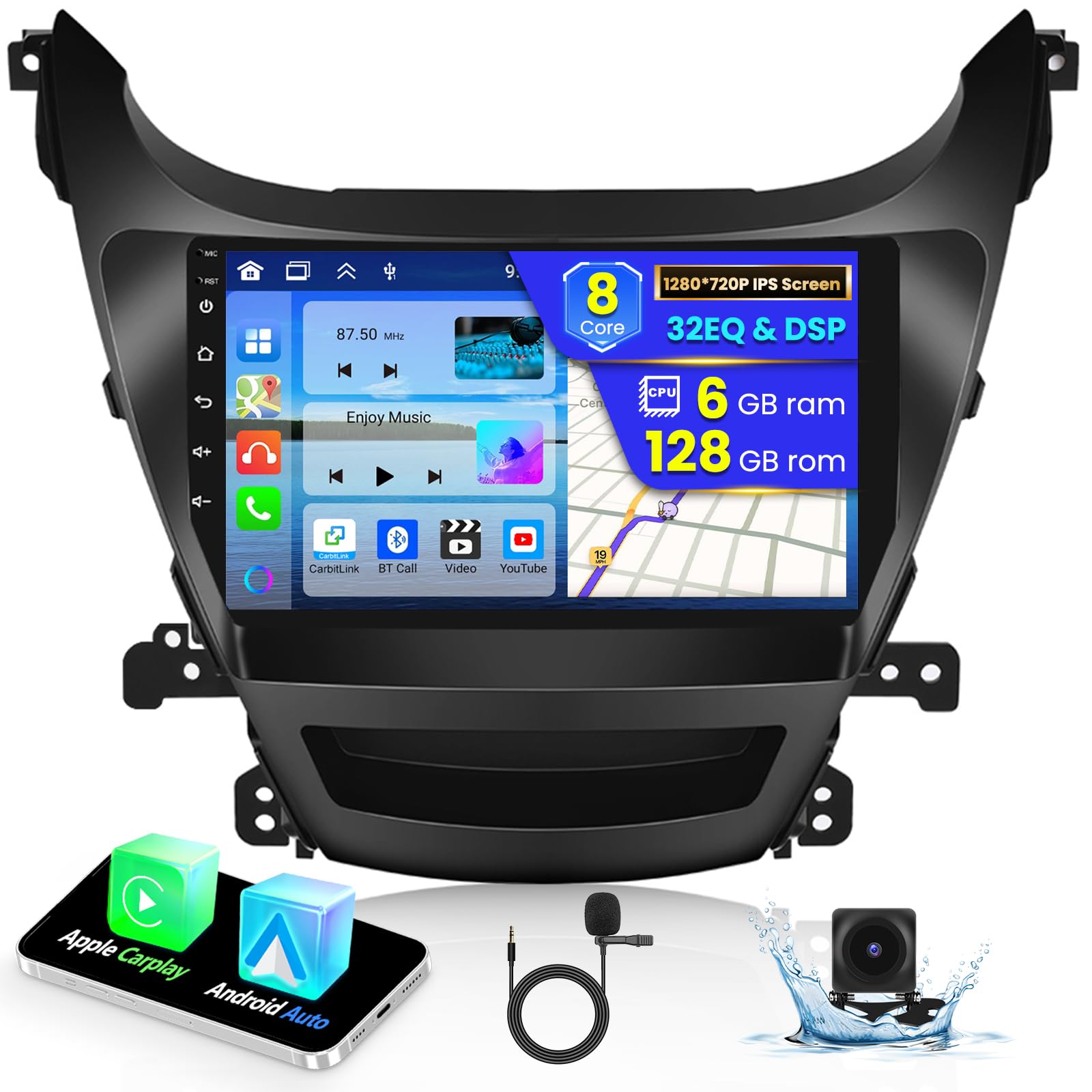 Photo 1 of [6+128GB] Android 15 Car Stereo for 2014-2016 Hyundai Elantra Radio, Hikity 9 Inch IPS Touch Screen Radio Wireless Apple Carplay Android Auto, Bluetooth GPS WiFi 32EQ/DSP/FM SWC+Mic, Backup Cam 59UI