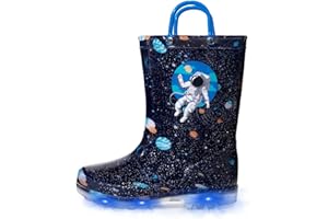 EUXTERPA Toddler Kids Waterproof Light Up Rain Boots Patterns and Glitter Boots with Handles for Boys Girls