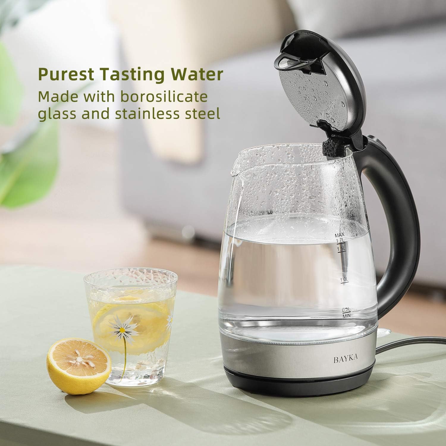 BAYKA Electric Kettle, 1.7L Tea Kettle with LED Indicator, Cordless Hot Water Glass Kettle for Coffee, Tea, Beverages Featuring Auto Shut-Off & Boil-Dry Protection: Kitchen & Dining