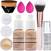 PHOERA Foundation, Full Coverage Foundation, PHOERA Primer, PHOERA Powder, PHOERA Makeup Set, Kabuki Makeup Brushes Foundation Brush Powder Brush,2 Pcs Makeup Sponge (102 Nude + 103 Warm peach)