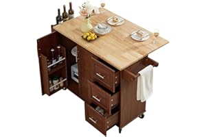 Rovibek 54" Rolling Kitchen Island Cart with Storage, Folding Countertop, 3 Drawers & Removable Shelves, Mobile Kitchen Islands on Wheels with Spice & Towel Racks, Walnut Brown