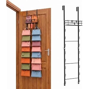 TrendyBin Over the Door Purse Organizer Handbag Storage with 16 Hooks Black | Anti-Sway, 3 Extra Hooks, Wall Mounted, Easy to