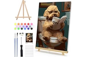NEWENMO Framed Paint by Numbers Kit for Adults-Wooden Easel, Funny Dog Bathroom, Paint by Number Kits On Canvas Dog On Toilet