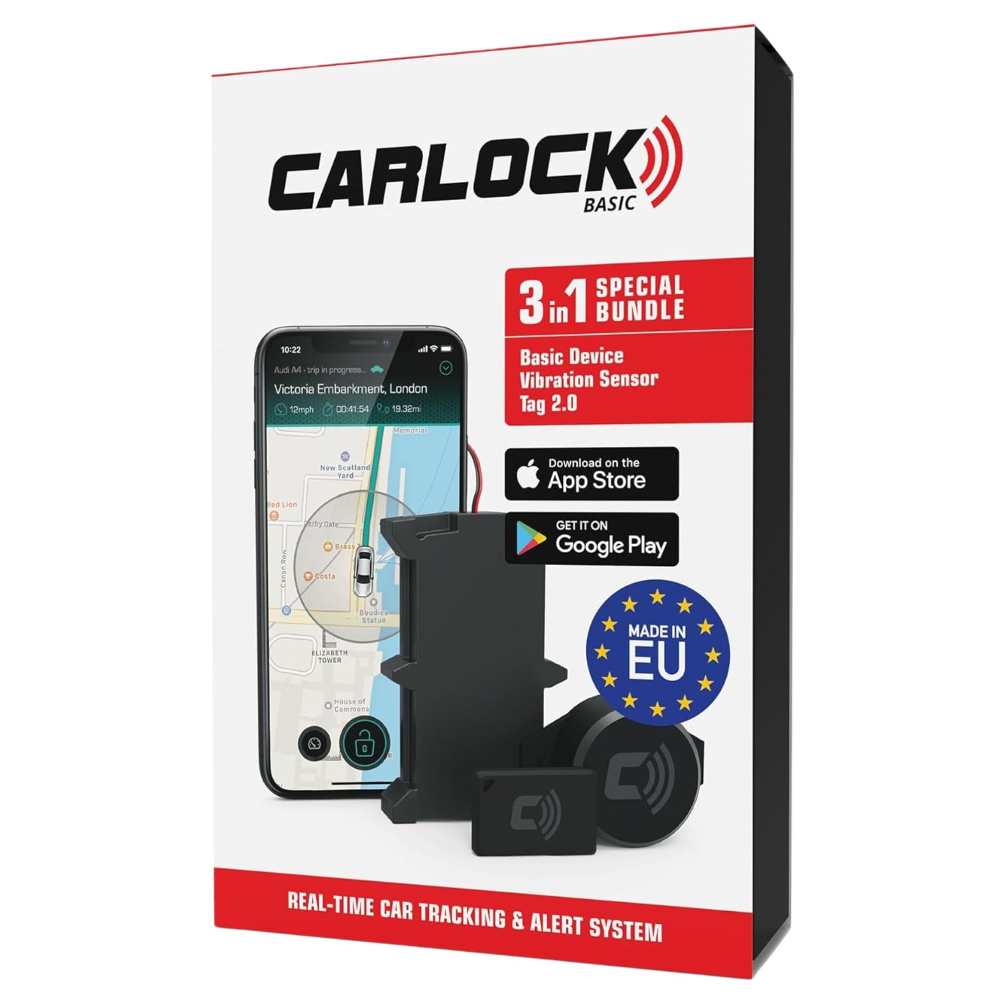 CARLOCK Basic Anti Theft Car Device Security System - Wired Car GPS Tracker, Vibration Sensor, & Car TAG - Car Alarm System - Phone Apps & Instant Alerts - Van Vehicle Tracker