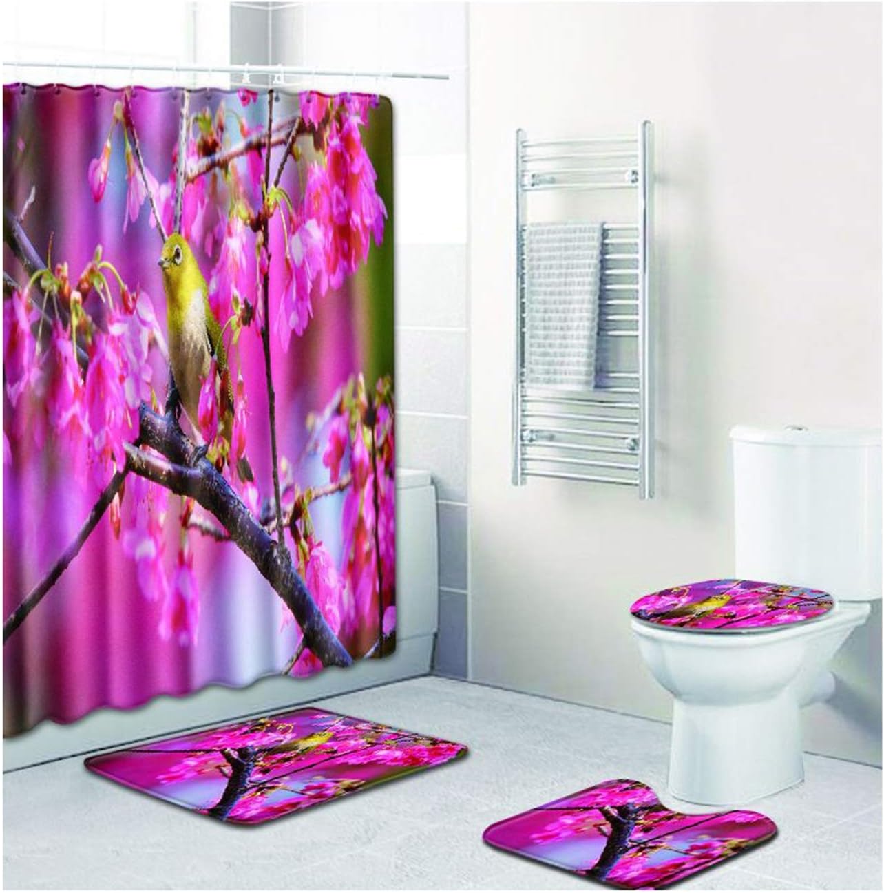ROMQUEEN Four-Piece Mat Set Shower Curtain Set Shower Curtains Lace Anti Slip Rug Gripper Pedestal Mat Green& Shower Curtain 180 * 180