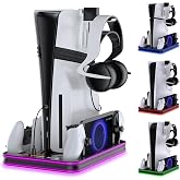 Stand and Cooling Station for PS5/PS5 Slim/PS5 Pro with RGB LED Controller Charging Dock Accessories, Charger for PlayStation 5 Controller and PS Portal Console Headset and Remote Holders (Black)