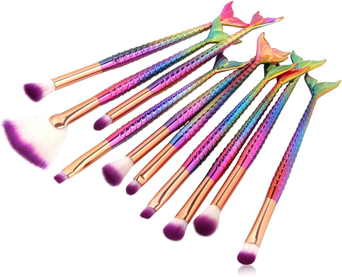 Tenmon New 10 Pcs Mermaid Makeup Brush Set Professional Eye Makeup Brushes For Eyeshadow Concealer Eyeliner Brow Blending Brush Tool